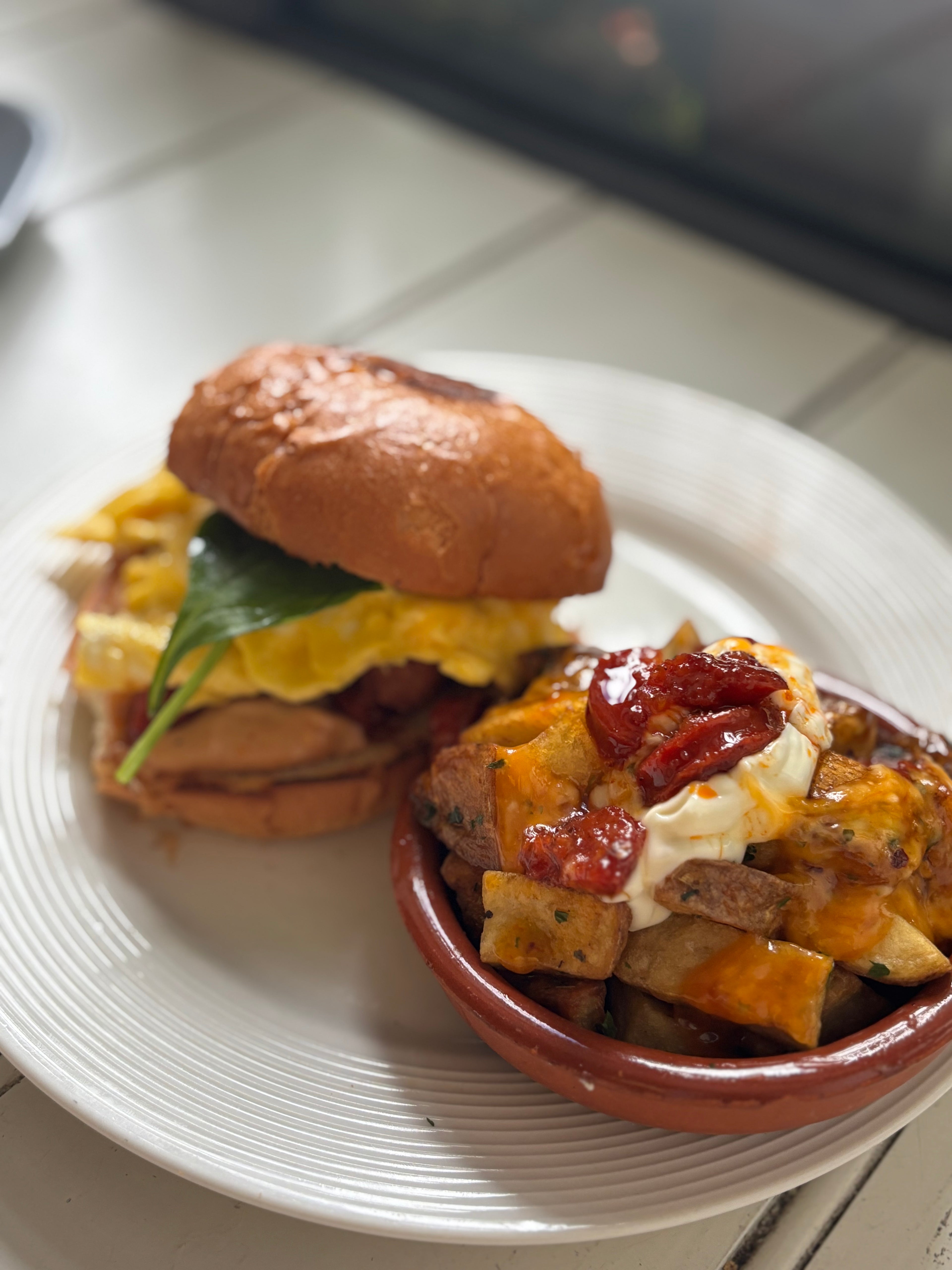 Scrambly Bap with Hot Honey Nduja potatoes