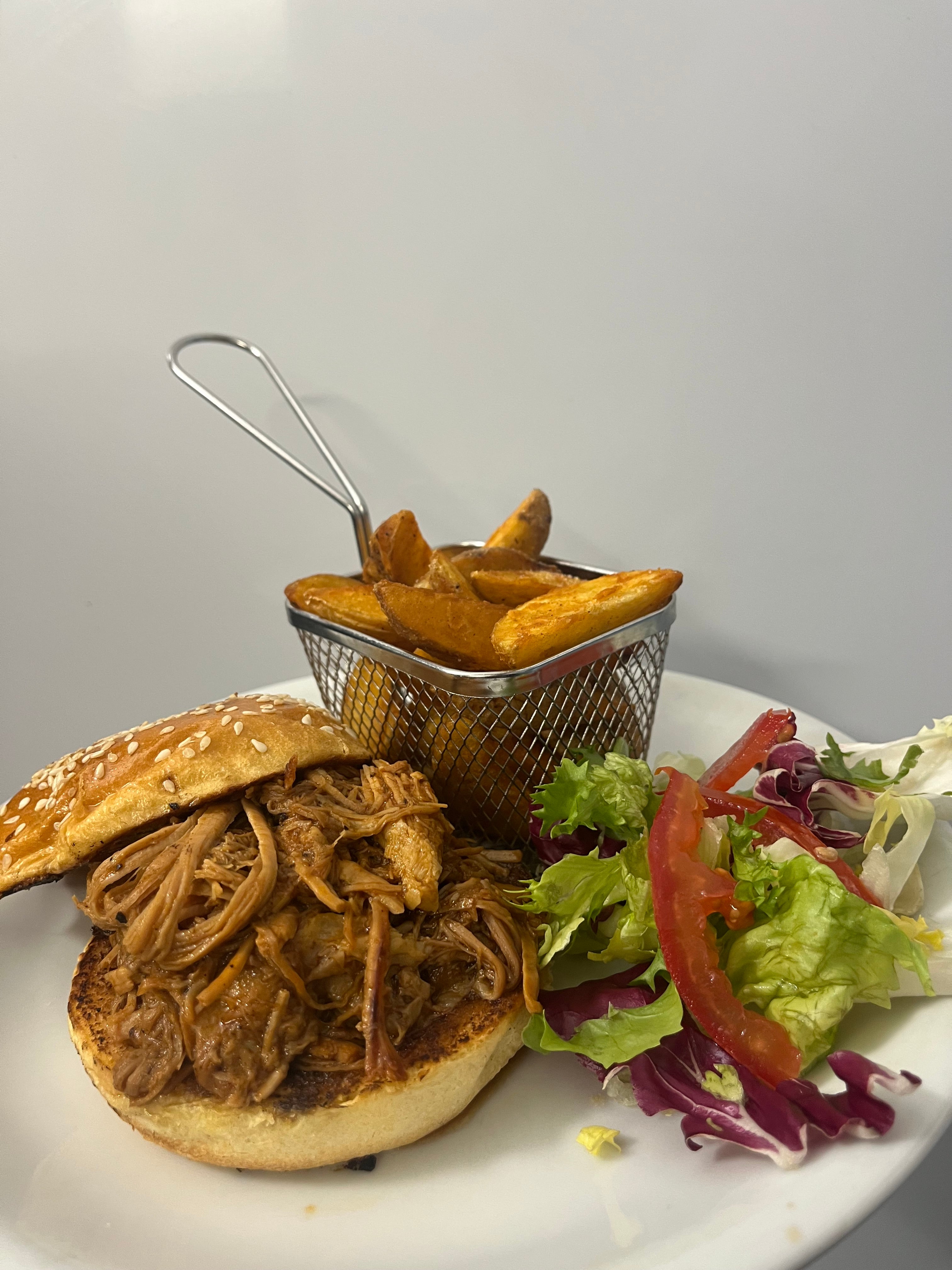 BBQ Pulled Pork Bap, Chips and Salad